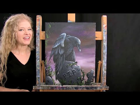 How to Draw and Paint Halloween "GRAVEYARD RAVEN" - Paint and Sip at Home - Acrylic Painting Lesson