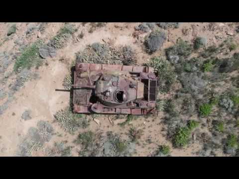 Gomati beach with a forgotten military tank Lemnos island straight from the drone
