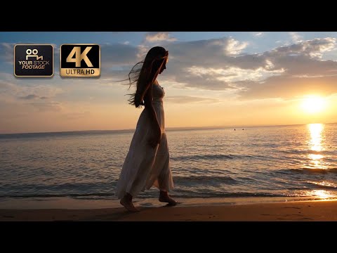 Woman in sundress walking on the beach at sunset - Royalty Free by YOUR STOCK FOOTAGE