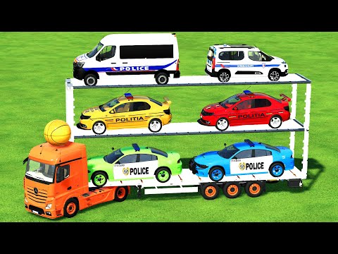TRANSPORTING DODGE, DACIA, RENAULT & CITROEN POLICE CARS WITH MERCEDES TRUCK - Farming Simulator 22
