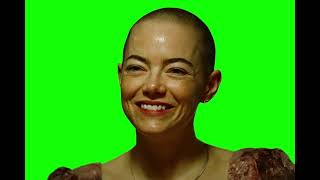 Emma Stone (bald) smiling — Bugonia green screen