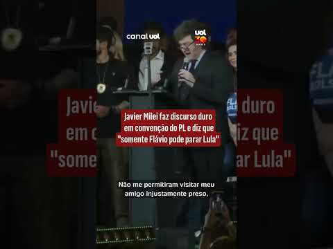 Milei faz discurso duro em convenção do PL e diz que “Flávio é o único capaz de derrotar Lula”