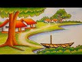 How to draw easy scenery drawing/ Indian village scenery drawing beautiful riverside village scenery
