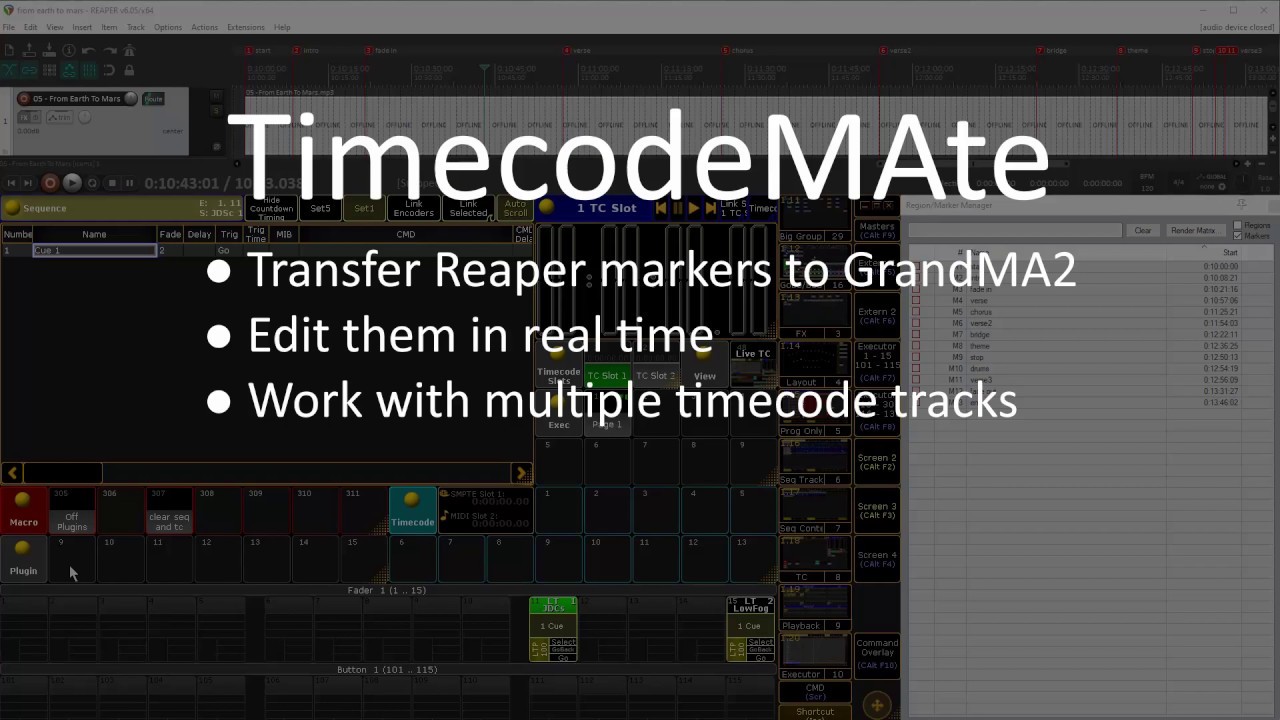 TimecodeMAte v2 plugin for GrandMA2 - Reaper markers to timecode