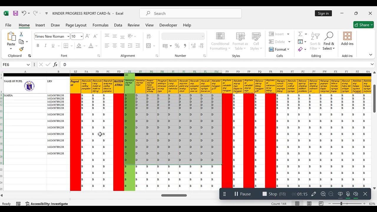 KINDERGARTEN PROGRESS REPORT CARD