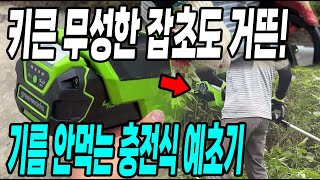 키큰 무성한 잡초도 거뜬하게 미는 기름안먹는 강력한 충전식 예초기! 그린웍스 40V 예초기
