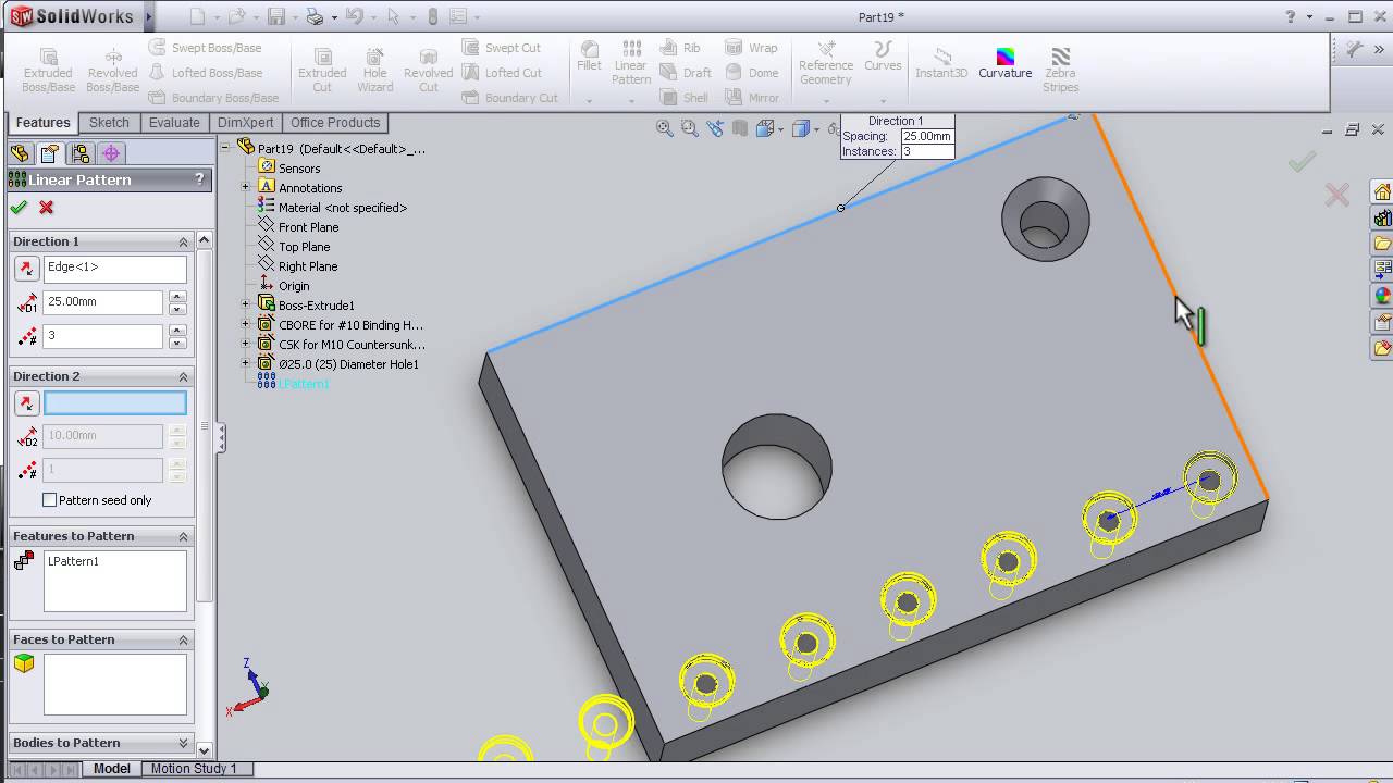 20- SolidWorks beginner TUTORIAL: LINEAR PATTERN