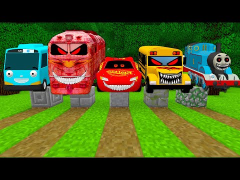 I Found GRAVE of MCQUEEN EXE and SCHOOL BUS Thomas Train SCARY METRO TRAIN and TAYO Bus in minecraft