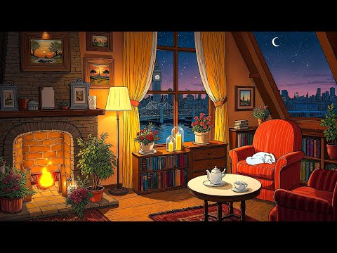 it's cozy night in 1940's with oldies playing in another room (fireplace & cricket sounds)