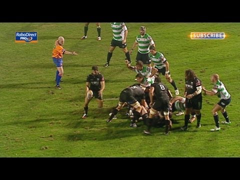 Ben John gathers kick ahead to go over for Try - Benetton Treviso v Ospreys 7th Sept 2013