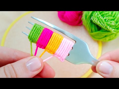 It's Amazing Trick with Fork !! 2 Super Easy Flower Craft Ideas with Wool - Hand Embroidery Flowers