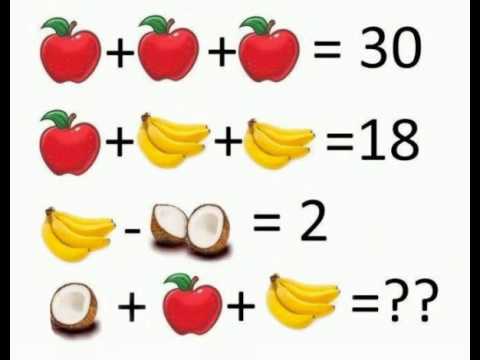 Puzzle (Math Problem) about Apples plus Bananas plus Coconuts / Задача про Яблоки, Бананы и Кокосы