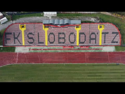 Stadion Tusanj Tuzla, rekostrukcija terena 2. dio. Snimak dronom (Bosna i Hercegovina)