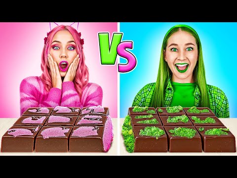 123 go challenge تناول طعام بلون واحد الوردي مقابل الأخضر تحدي asmr