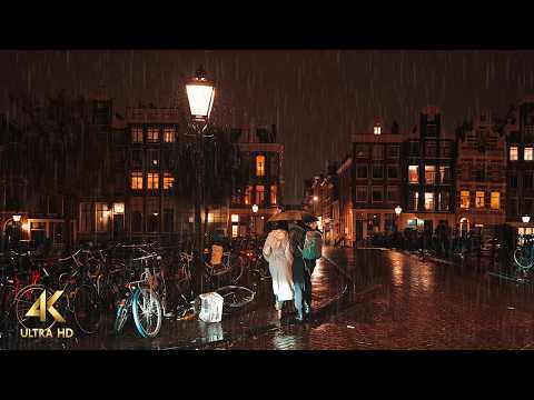 Night Rain Walk in Amsterdam • 4K ASMR Slow TV