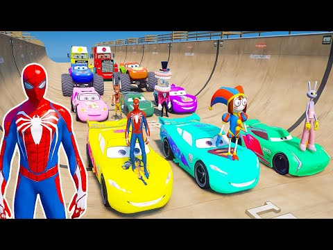 SPIDERMAN CARS Racing MEGA Ramp Challenge ! SUPERHEROES HULK Vs GOKU Epic Stunt FAST Race - GTA 5