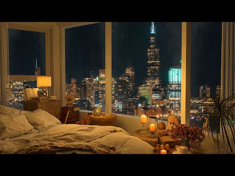 4K Cozy Bedroom in Chicago City Night - Relaxing Jazz Music for Sleep, Study, Focus, Work