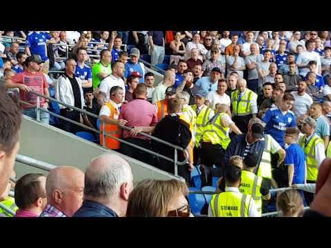 Liverpool fans being kicked out of Cardiff's Canton Stand.