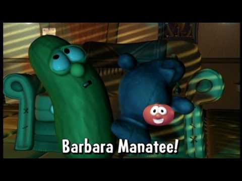 Cartoon scene from Barbara Manatee with two large green and blue manatees and a small red round friend between them.