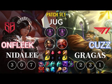 SB OnFleek Nidalee vs T1 Cuzz Gragas Jungle - KR Patch 11.1