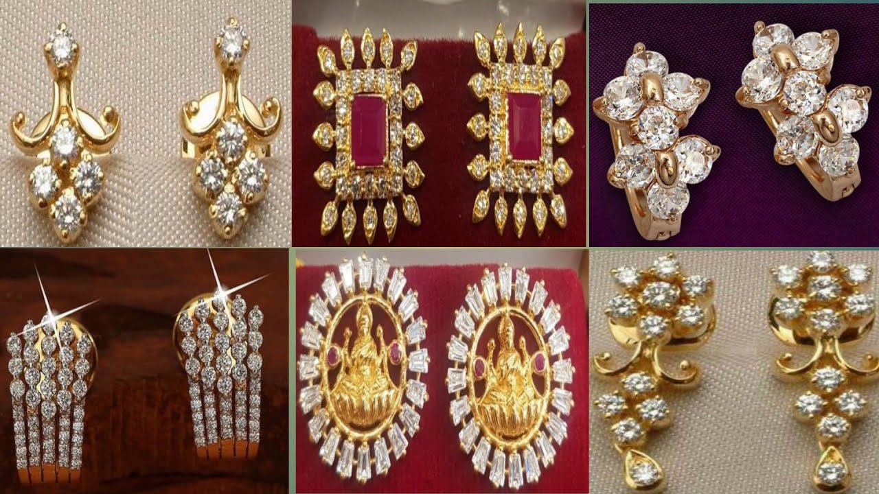 Watch video Gold earrings with white stones || gold stud earrings designs with weight ||gold earrings collection Now Gold earrings with white stones || gold stud earrings designs with weight ||gold earrings collection