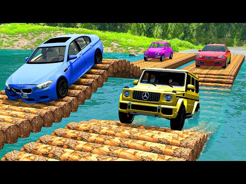 Cars vs 2 Log Bridges and Deep Water - BeamNG.Drive