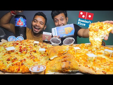 Dominos Large The 4 Cheese Pizza, Indi Tandoori Paneer Pizza, Garlic Bread & Choco Lava Cake Mukbang