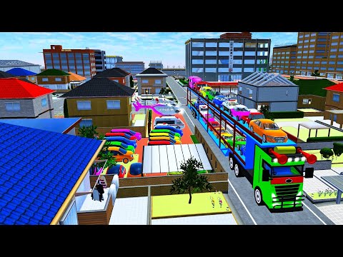 Flatbed Trailer Transportation With Truck _ Rainbow Cars, Fire Truck & Ambulance 🌈 Sakura 🚒🚙🚔