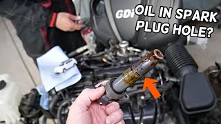 WHY THERE IS ENGINE OIL ON SPARK PLUG HYUNDAI SANTA FE, ENGINE OIL IN SPARK PLUG WELL HOLE