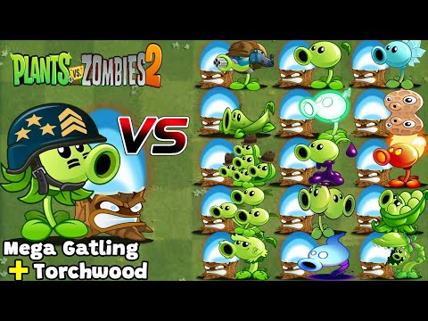 PvZ 2-Tournament-Mega Gatling Pea&All Peashooter+Torchwood Plant Vs Plant-Who Can Win?