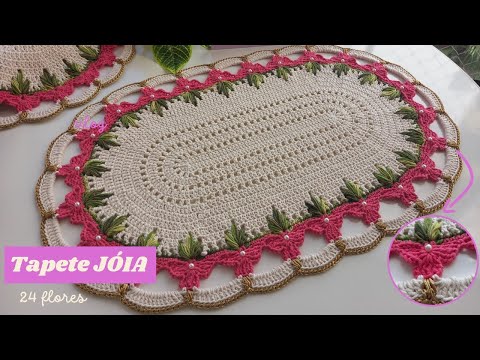 Tapete Jóia oval 24 flores em crochê