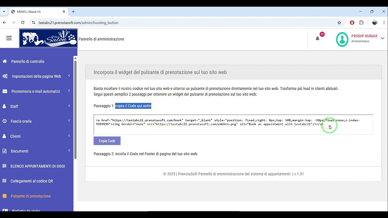Aggiungi pulsante prenotazione al sito web