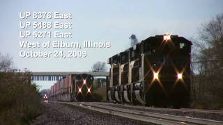 preview picture of video 'Stopped Union Pacific Times 3  -  Near Elburn, Illinois on 10-24-09'