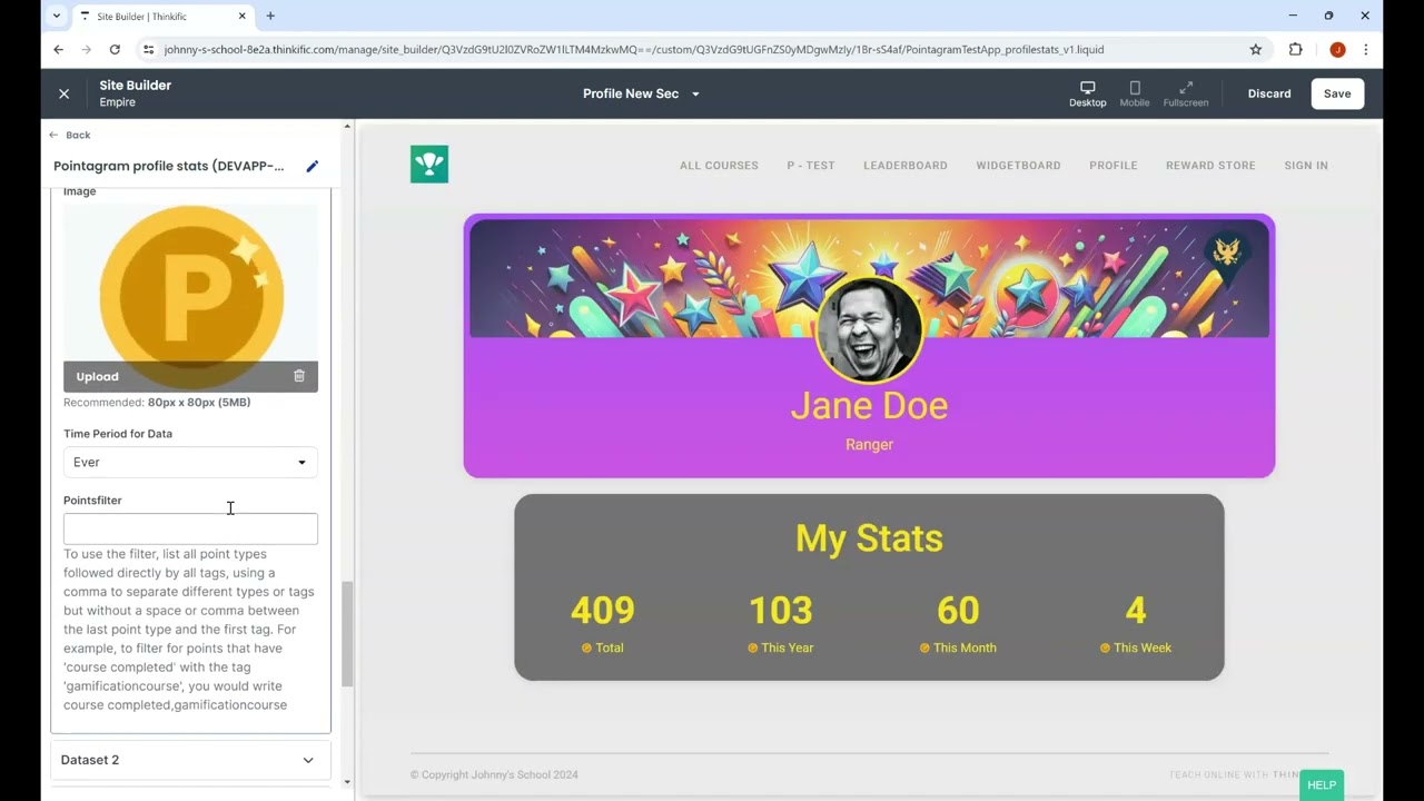 Custom Profile Stats Banner For Thinkific - Gamification data