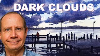 Watercolor painting - dark clouds at sunset over a pier with people. Reflections in watercolour.
