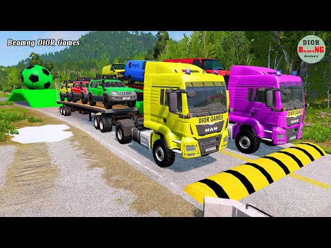 Double Flatbed Trailer Truck vs speed bumps|Busses vs speed bumps|Beamng Drive|445