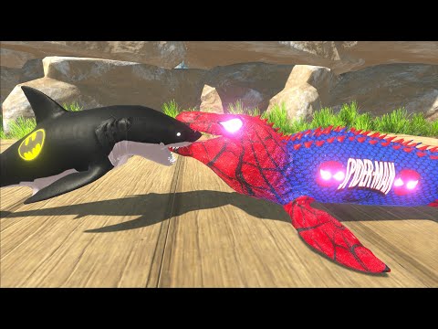BATMAN GREAT WHITE SHARK VS SPIDERMAN MOSASAURUS DEATH RUN - Animal Revolt Battle Simulator