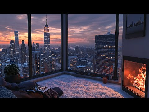 Enjoy A Cozy Winter Sunset View In New York City❄️Snowfall Winter Ambience & Crackling Fireplace
