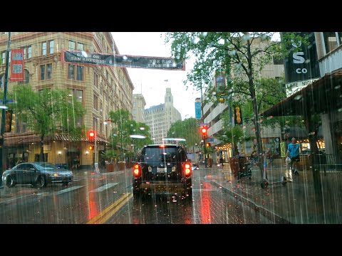 Driving Heavy Rain Downtown Streets for Relaxing Sleep with Rain Thunder Car Sounds White Noise