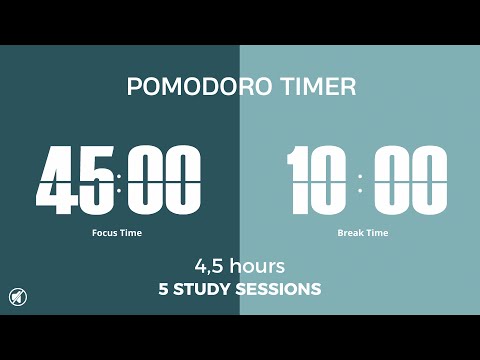4-Hour Pomodoro Timer ⏳ | 5 x 45/10 Sessions | No Music | Study, Focus, ADHD Countdown
