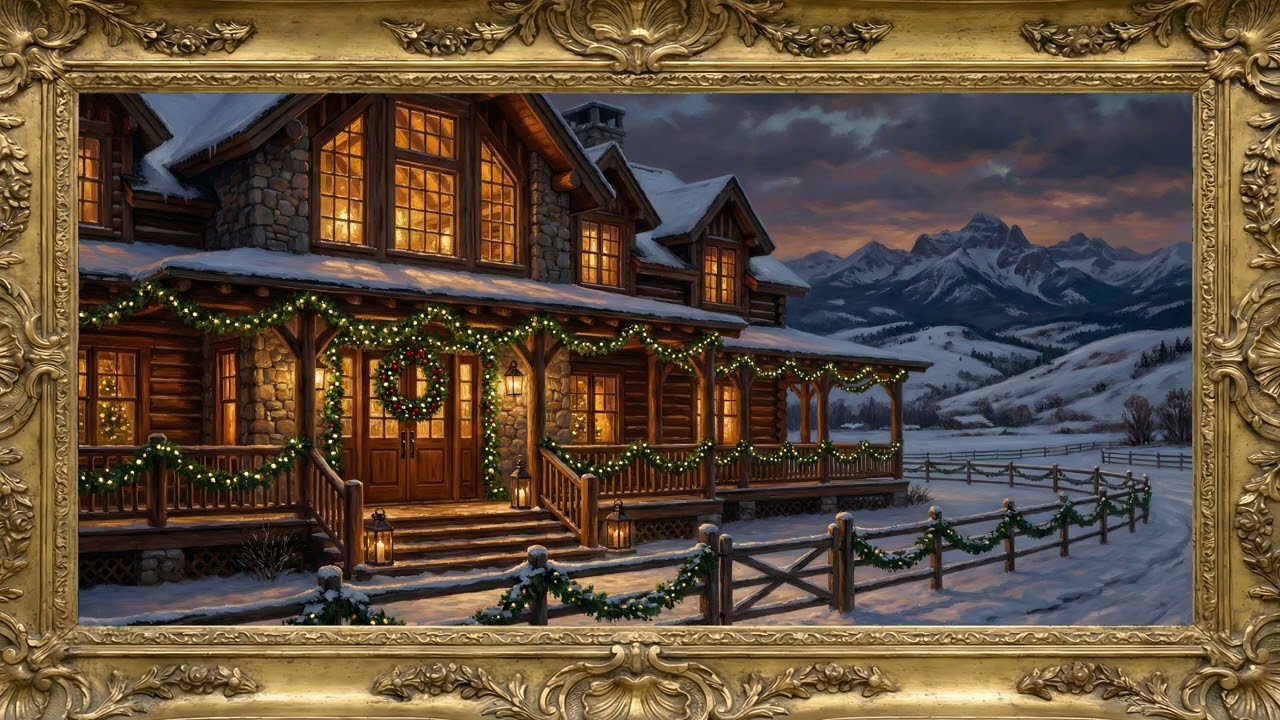 Luxury Mountain Ranch Christmas Twilight Gold Frame TV Art | 2 Hours 4K — 4K ambient art screensaver in baroque gold frame