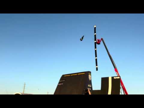 Colby Raha 280 ft motorcycle jump into a 90ft quarter pipe. 