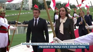 Macron no Congresso: presidente francês sobe a rampa e é recebido por Pacheco