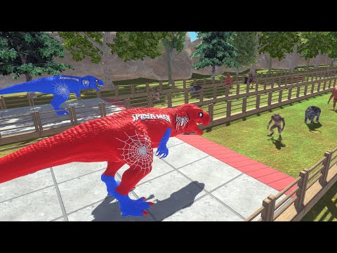 RED SPIDERMAN T-REX vs BLUE SPIDERMAN T-REX - Who is Stronger? - Animal Revolt Battle Simulator