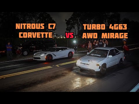 AWD 4G63 TURBO SWAPPED MITSUBISHI MIRAGE VS NITROUS C7 CORVETTE | C.F.RACING
