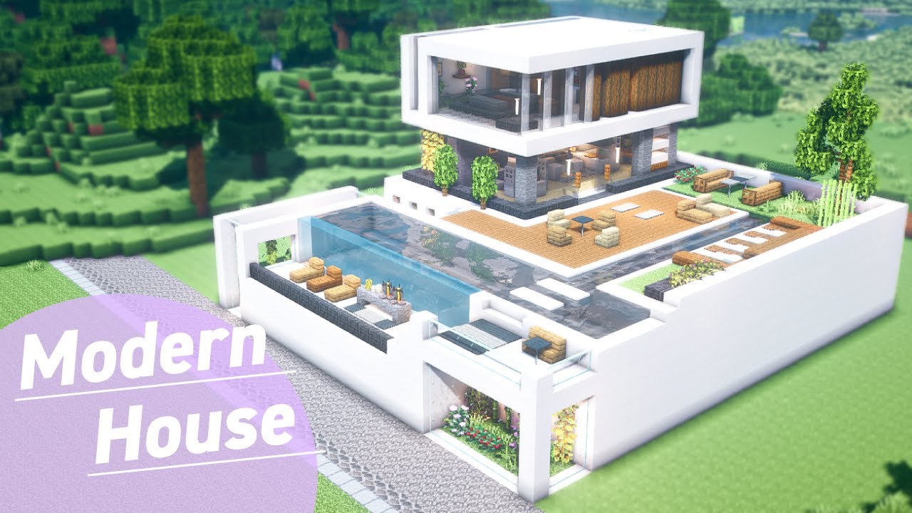 【マイクラ建築】広々とした庭＆プール！緑多めのおしゃれなモダンハウスの作り方