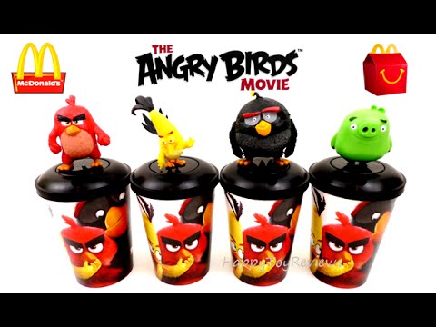 2016 THE ANGRY BIRDS MOVIE THEATER CUPS & CUP TOPPERS SET 4 VS McDONALD'S HAPPY MEAL TOYS COLLECTION Video