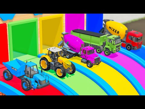 TRANSPORTING COLOR CARS, JCB TRUCK, FENDT TRACTOR, SCANIA MIXER TRUCK, POLICE CAR - BeamNG.Drive