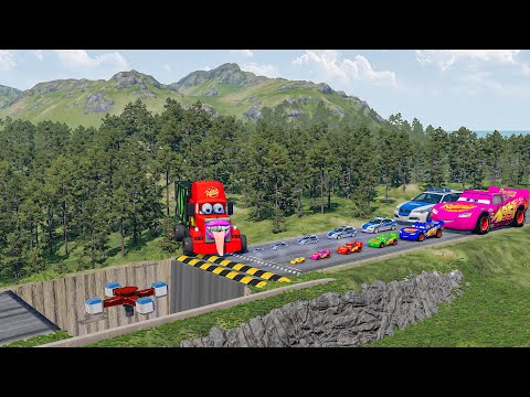 Big & Small McQueen & Police Car vs Zombie Mack, Giant Pit & Speed Bump Downhill Race – BeamNG.drive