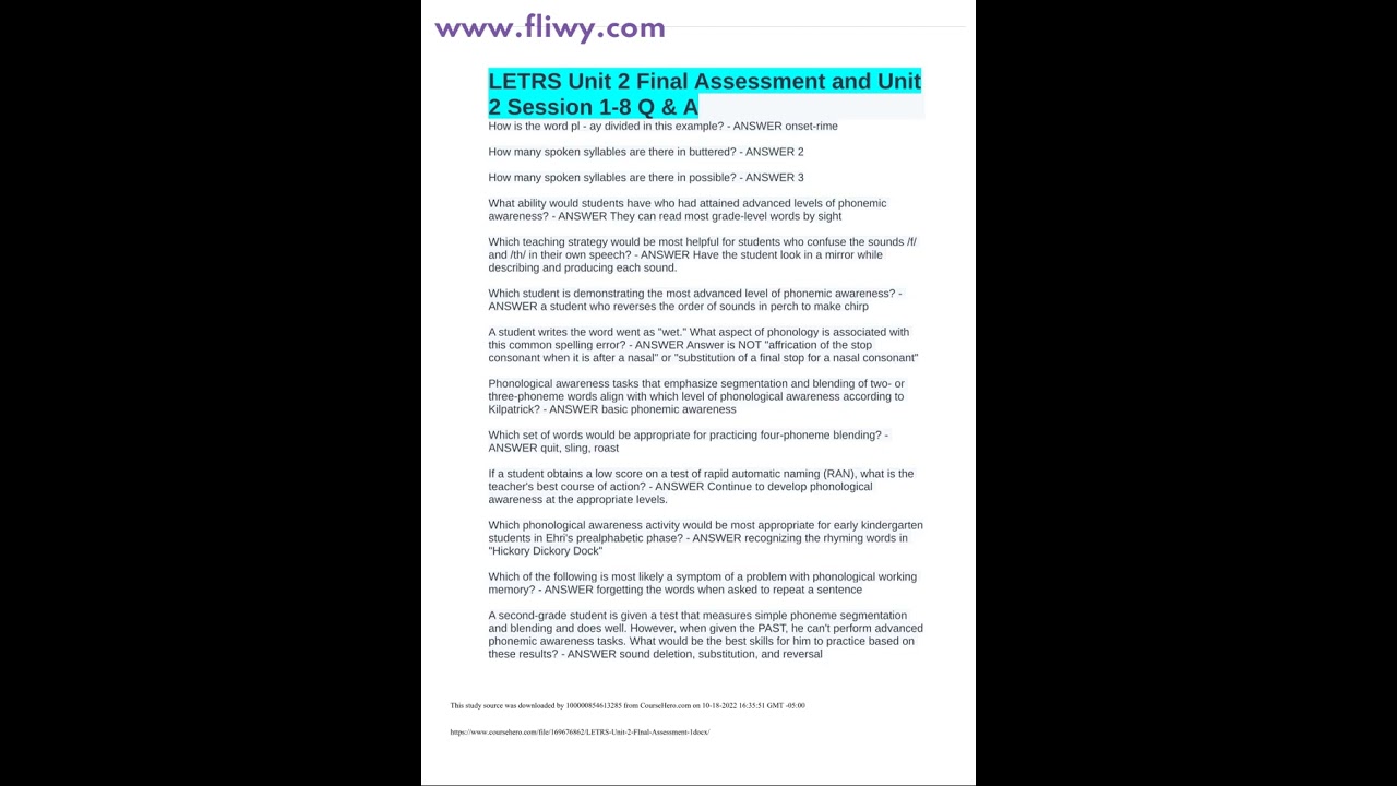 LETRS Unit 2 Final Assessment and Unit 2 Session 1-8 Q & A